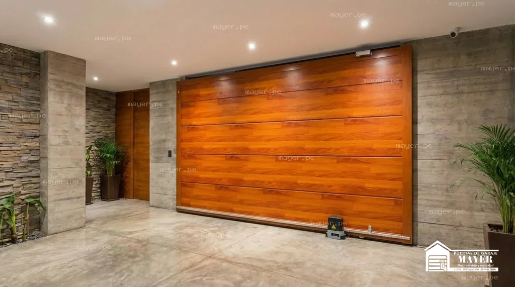 Puerta corrediza tipo madera interior garaje led