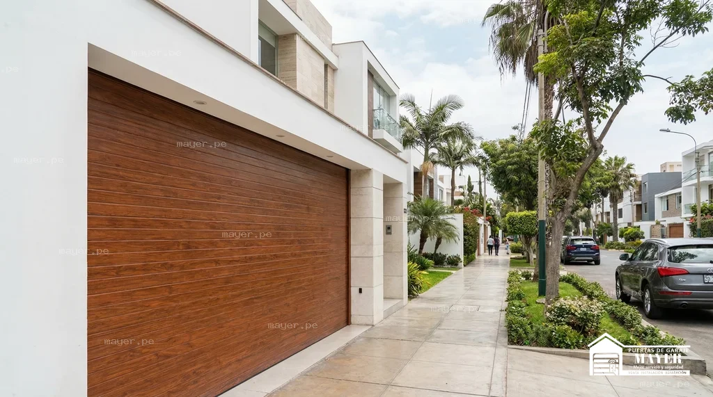 Puerta de garaje enrollable tipo madera entrada residencial