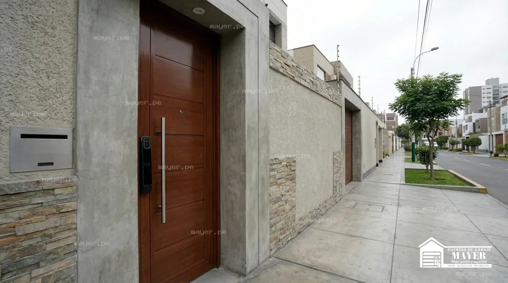 Puerta principal madera entrada lateral urbanizacion